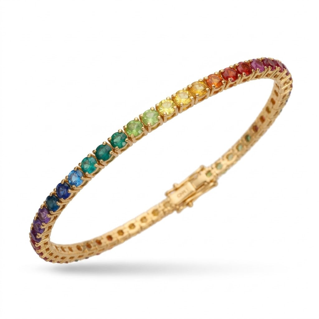 Pulsera Rivière de Oro Amarillo 18K con Zafiros Lab Grown Rainbow Talla Brillante 3mm