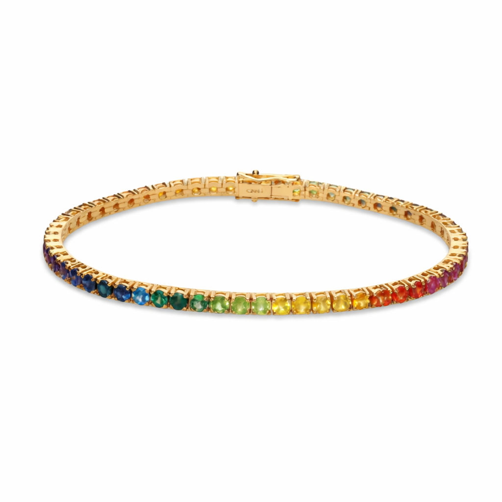Pulsera Rivière de Oro Amarillo 18K con Zafiros Lab Grown Rainbow Talla Brillante 3mm