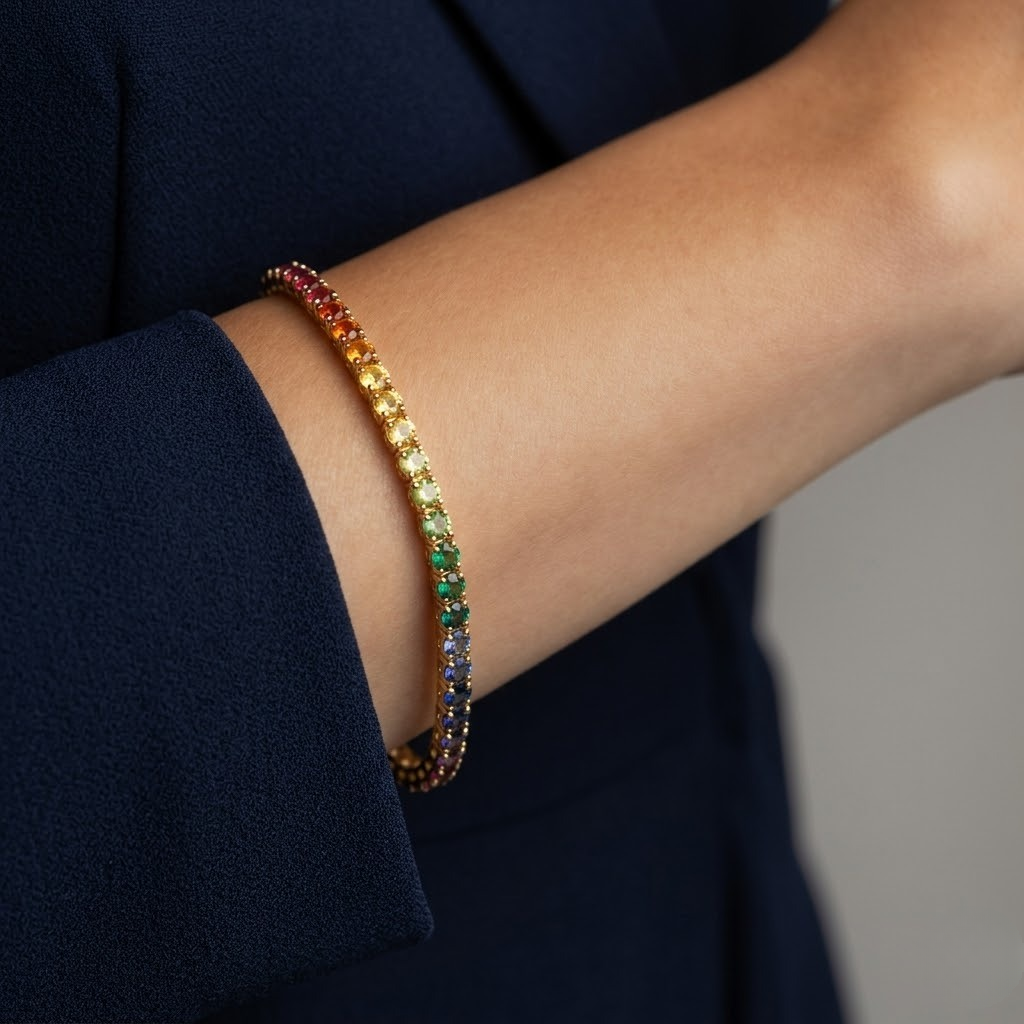 Pulsera Rivière de Oro Amarillo 18K con Zafiros Lab Grown Rainbow Talla Brillante 3mm