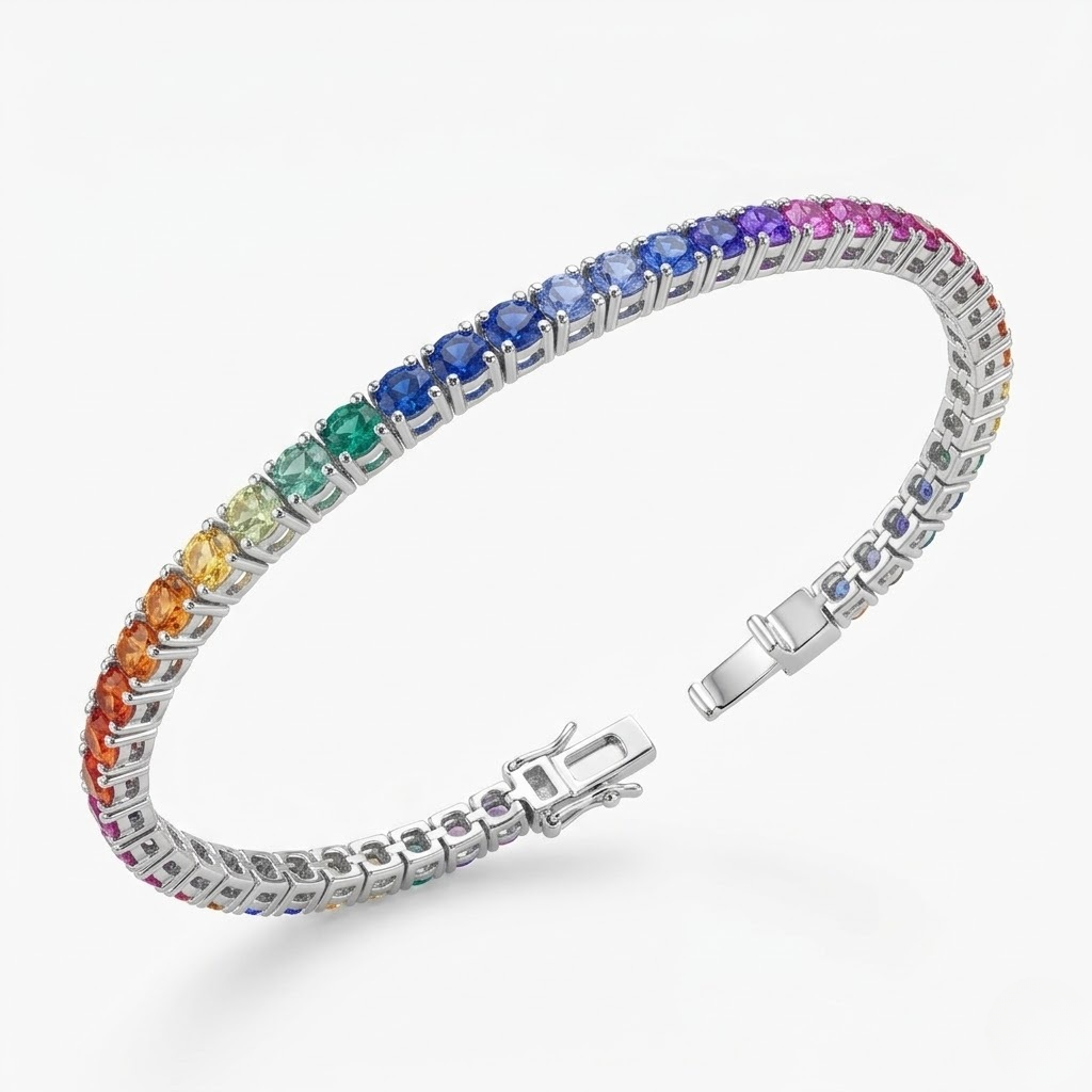 Pulsera Rivière de Oro Blanco 18K con Zafiros Lab Grown Rainbow Talla Brillante 3mm