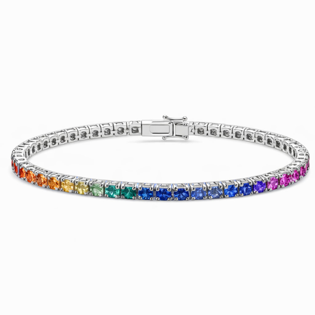 Pulsera Rivière de Oro Blanco 18K con Zafiros Lab Grown Rainbow Talla Brillante 3mm