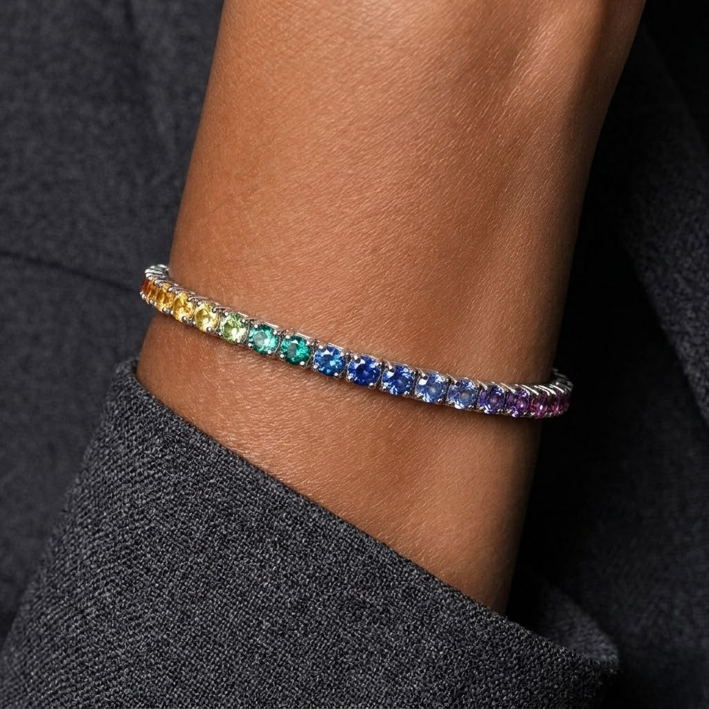Pulsera Rivière de Oro Blanco 18K con Zafiros Lab Grown Rainbow Talla Brillante 3mm